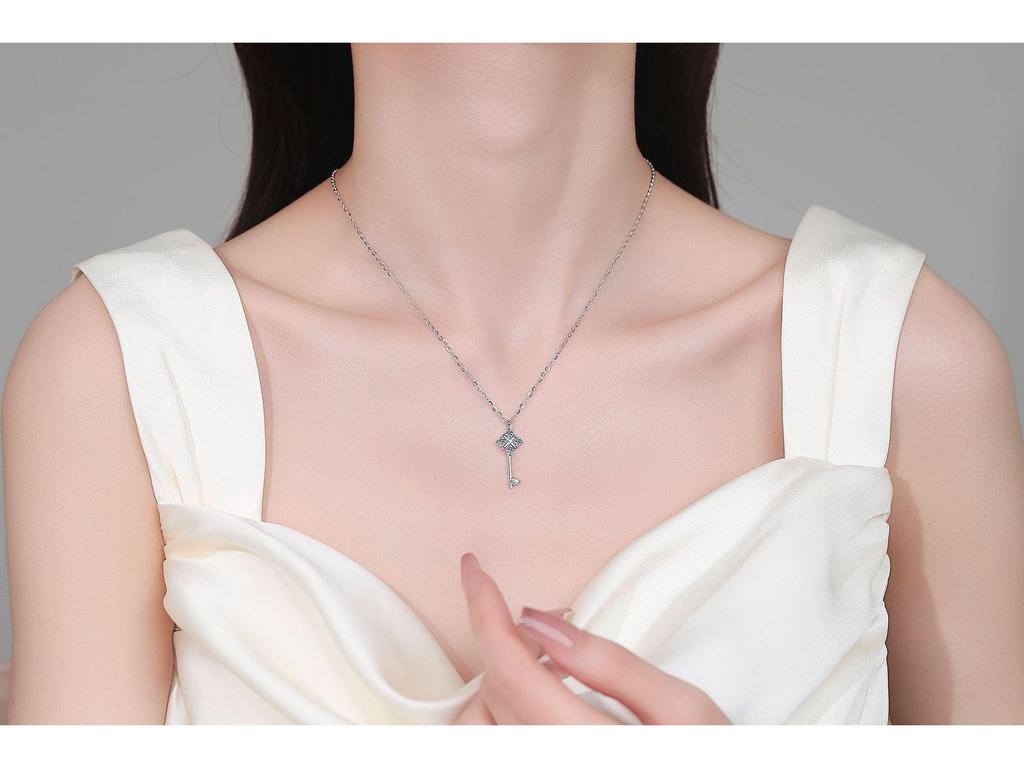 S925 Sterling Silver Key Pendant Necklace with Moissanite: Elegant, Simple, Trendy Everyday Jewelry for Women