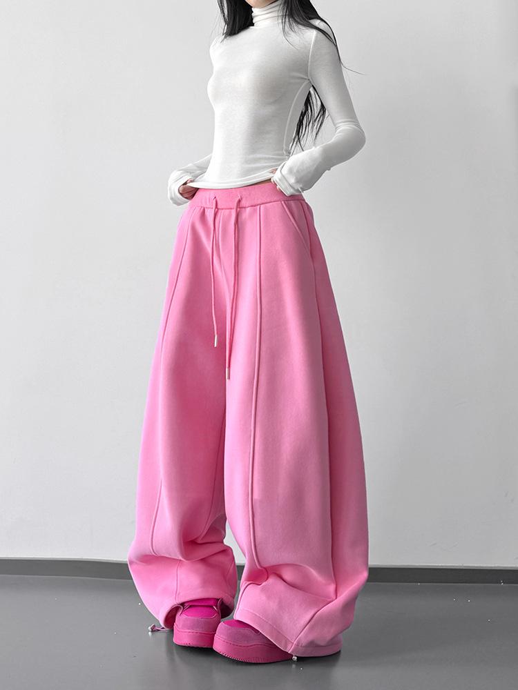 Women's Pink Lazy Style Wide-Leg Sweatpants -  Winter New High-Waisted Slimming Casual Trousers
