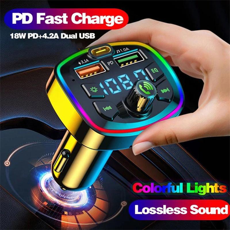 Car Bluetooth 5.0 Charger Fm Transmitter Pd 18W Type-C Dual Usb Colorful Ambient Light Cigarette Lighter Mp3 Music Player