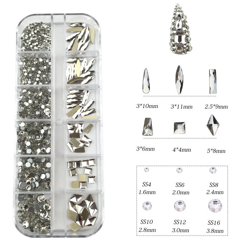 

Набор для нейл-арта с 12 ячейками: Белые стразы с плоской задней стороной и неправильной формы, пусеты-бабочки, минерально-черные акценты