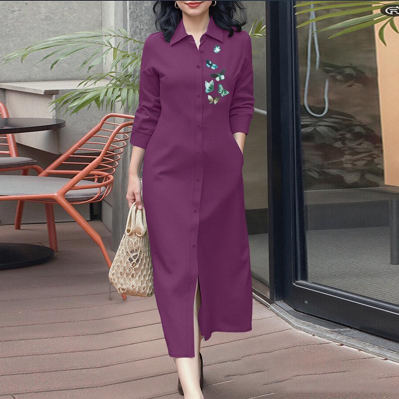 

ZANZEA Женское повседневное платье с отложным воротником и рукавом 3/4 с принтом 5XL кларет