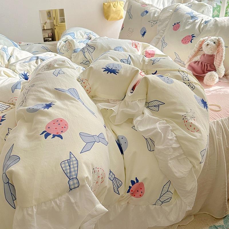 Small Fresh Pure Cotton Four-piece Set Lace Korean Version Princess Style Washed Cotton Bed Skirt Quilt Cover Cream Style Bedding