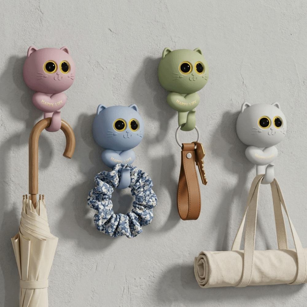 Wall Hanging Cat Blink Eyes Hook Free Punching Key Holder Cartoon Cat Hooks Entrance