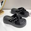 Muffin Platform Slippers Female New Guochao Pearl Cross Fashion Outer Wear Fairy Style Word with Skirt Beach Cool Slippers