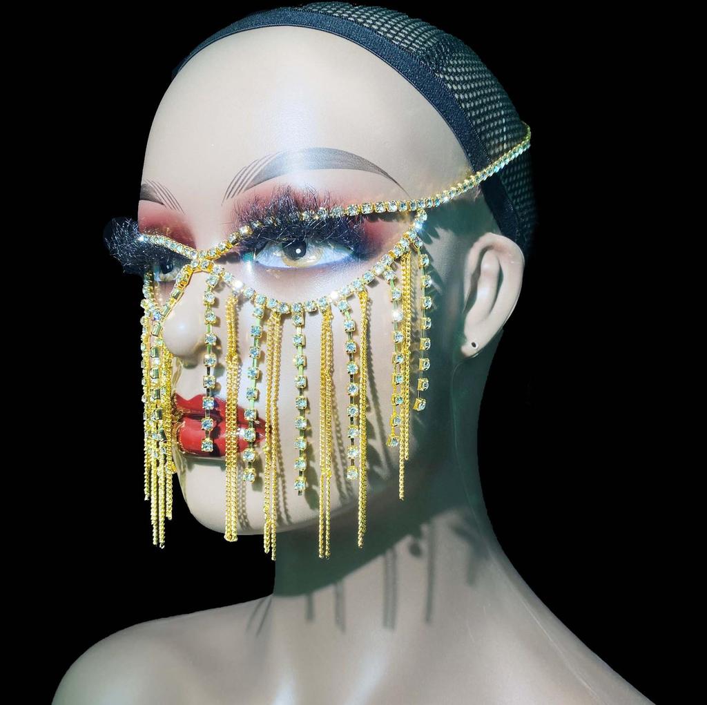 High-End Luxury Rhinestone Tassel Masquerade Mask with Zircon Embellishments