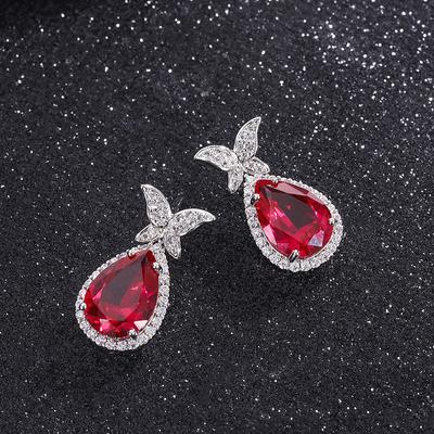 Huitan Waterdrop Red Cubic Zirconia Butterfly Earrings for Women Newly Designed Temperament Lady Earrings Wedding Trendy Jewelry