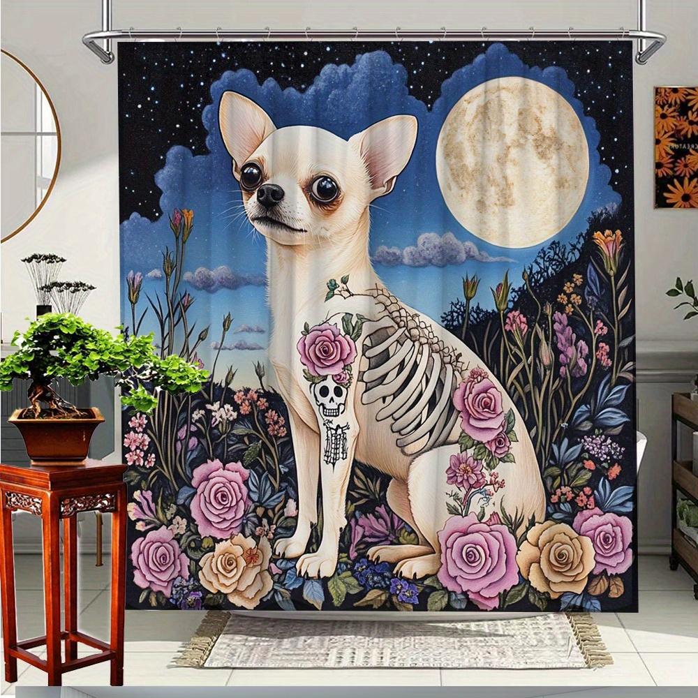 

1Pc Artistic Dog Bath Curtain With Floral Elements, Perfect As Bathroom Decor, Polyester Fabric, Includes 12 Hooks,180X200Cm W60H190(CM)-1 Pcs