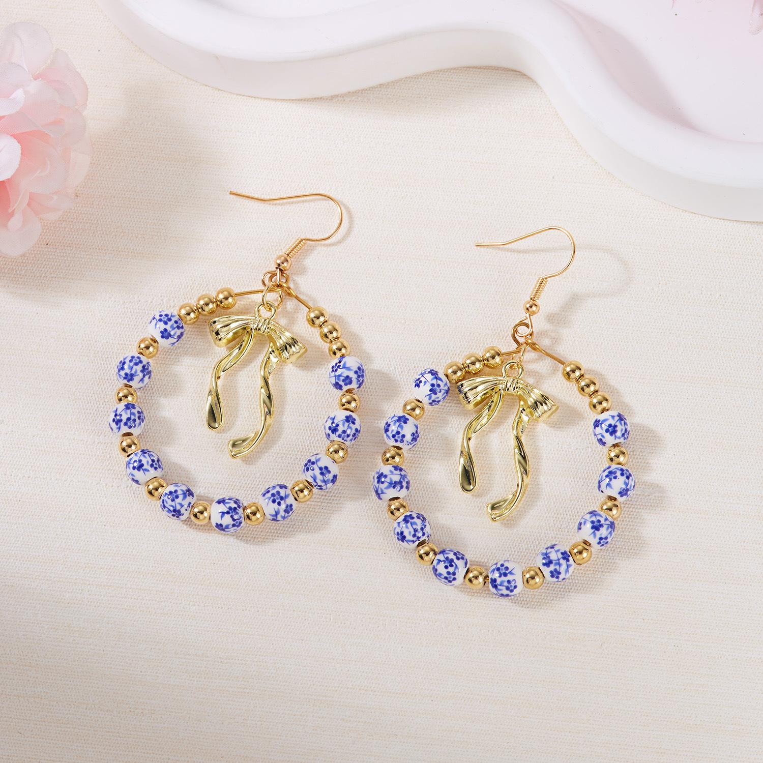 Chinese Style Floral Blue and White Porcelain Bow Earrings Jewelry Light Luxury Temperament 1CM*3CM