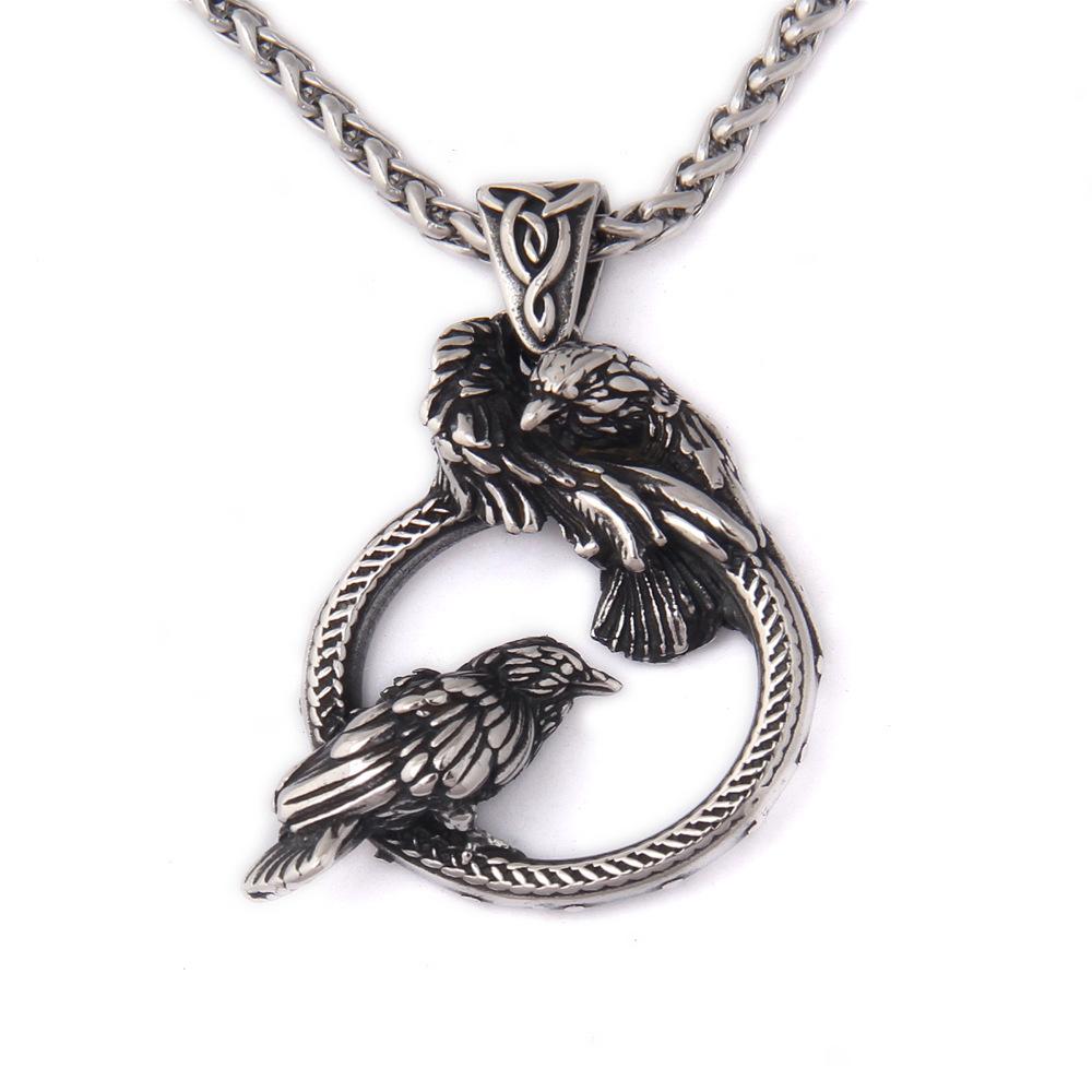 Colier Odin's Ravens din oțel inoxidabil - Pandantiv viking cu oțel nordic pentru bijuterii din metal hip hop pentru bărbați