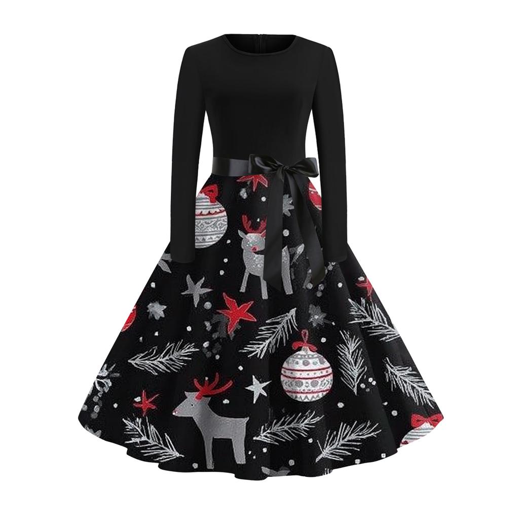 Damen Modisches Und Elegantes Herbst- Und Winter Langarm Rundhals Weihnachtsdruck Kleid