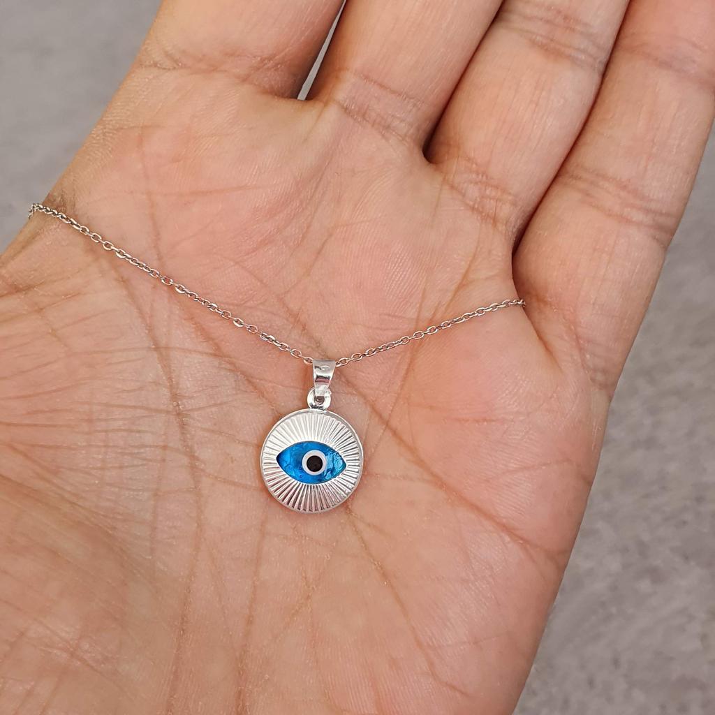 Dalia MYSTIC JEWELS – Blue Glass Eye and Sterling Silver Evil Eye Necklace – Round Turquoise Eye