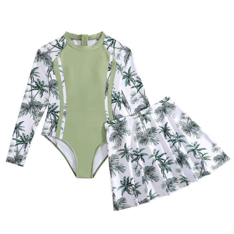 

8-12 лет дети девочки купальники комплекты молния длинный рукав треугольный боди и юбка 12Y