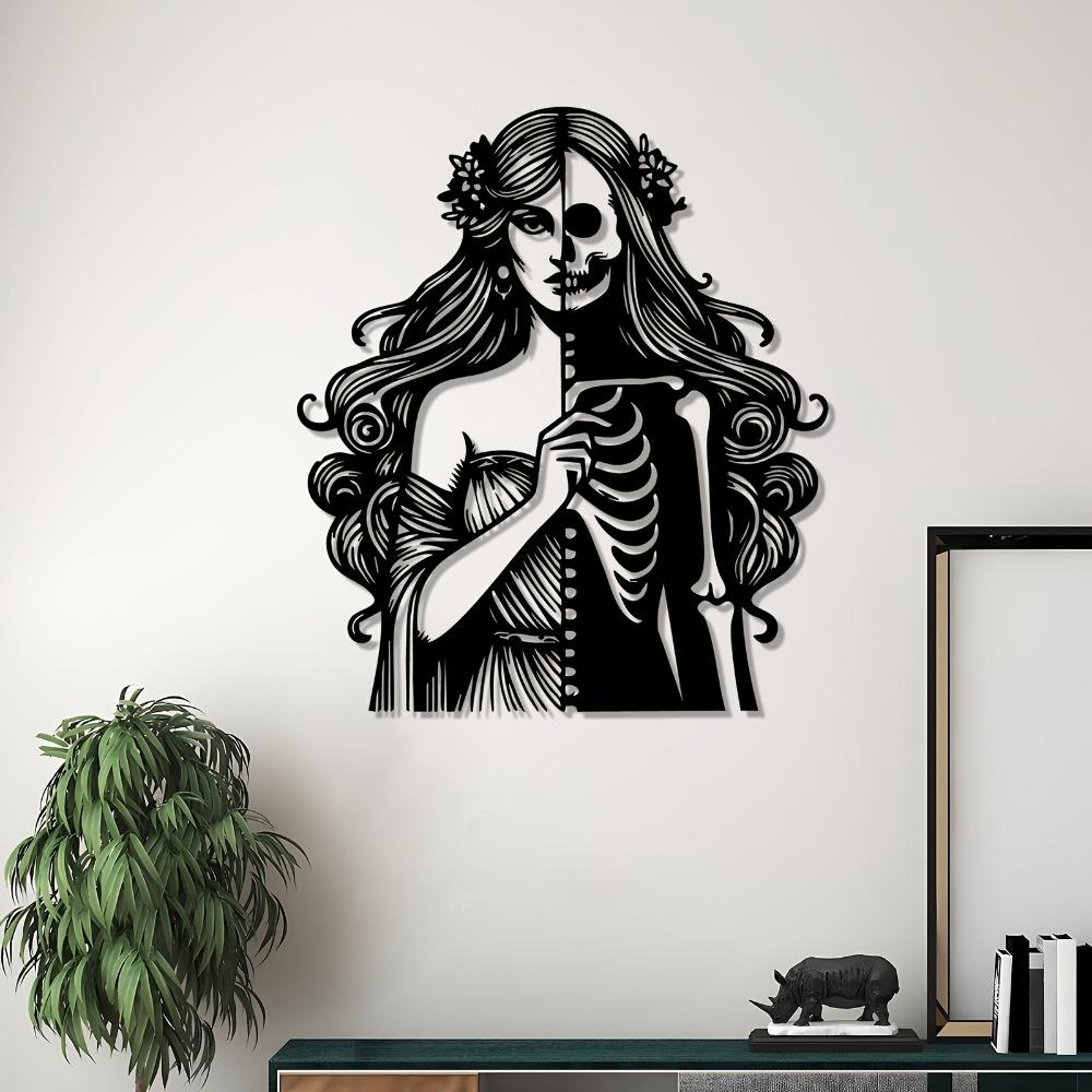 Metal Sugar Skull Wall Art Weather Resistant Gothic Decor for Halloween Day of the Dead Outdoor Garden Indoor Living Room 1pc