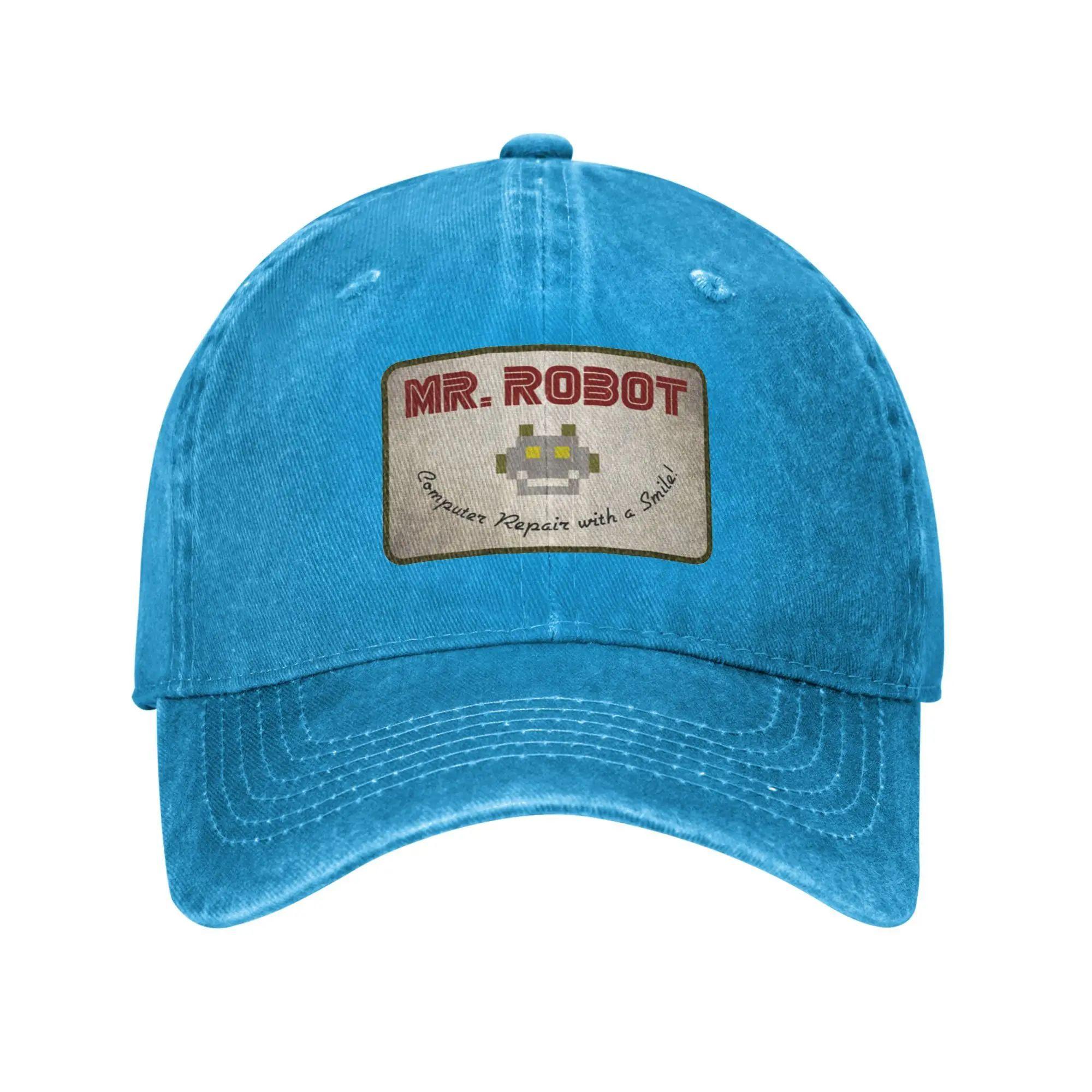 Computer Met Lachjes Anime Grappig Mr Robot Custom Retro Cowboy Gewassen Baseballpetten Voor Mannen Denim Zon Hoed Hip Hop Pet Adjustable blue