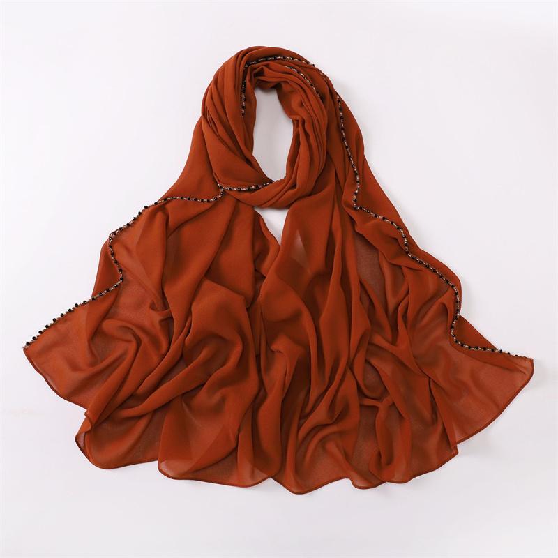 Plain Gold Ball Pearl Chain Bubble Chiffon Instant Shawls Scarf Lady High Quality Beach Stole Bufandas Muslim Hijab 175*70Cm