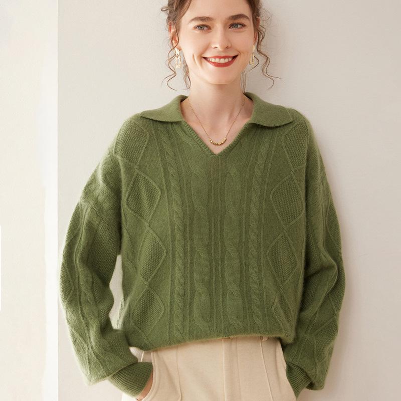 Women's Thick Three-Strand Twisted Cashmere Knit Sweater, Long Sleeve, Polo Collar, Loose Fit, Soft & Skin-Friendly.