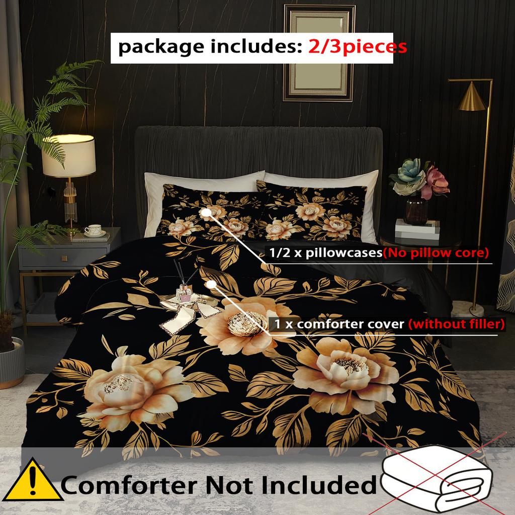 Gold Flower Pattern 3D Printed Quilt Cover Elegant Soft Comfortable Bedding Set Luxury Home Textiles Duvet Cover Set Pillowcases