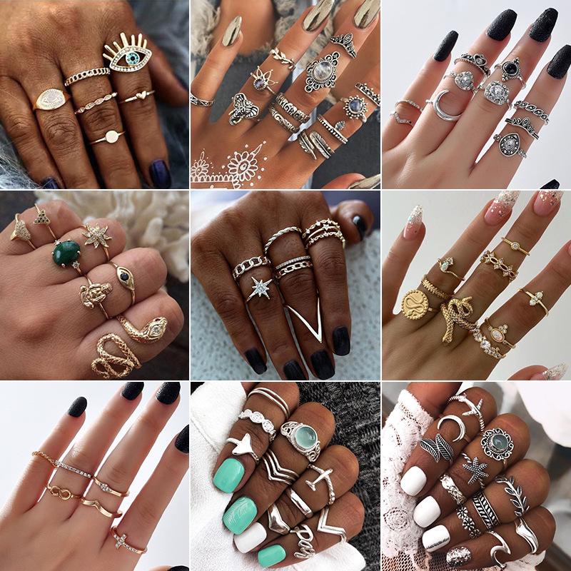 

European & American Style Rhinestone Star, Moon, Letter Teardrop Crown Snake-Shaped Vintage Knuckle Ring Set