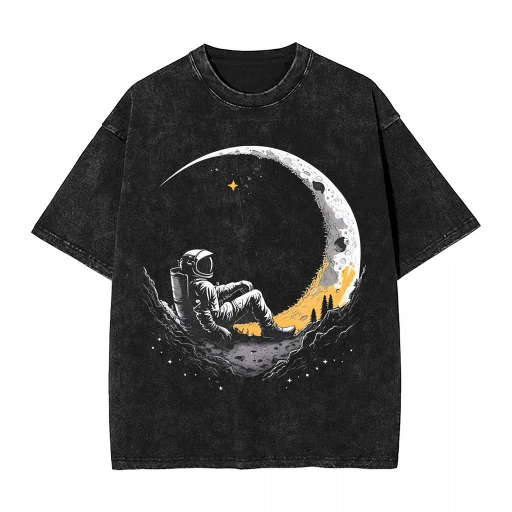Astronauts Cherish The Lunar woman Men Cotton Washed Hot stamping Print Harajuku Cotton Mens Summer Short Sleeve Tees