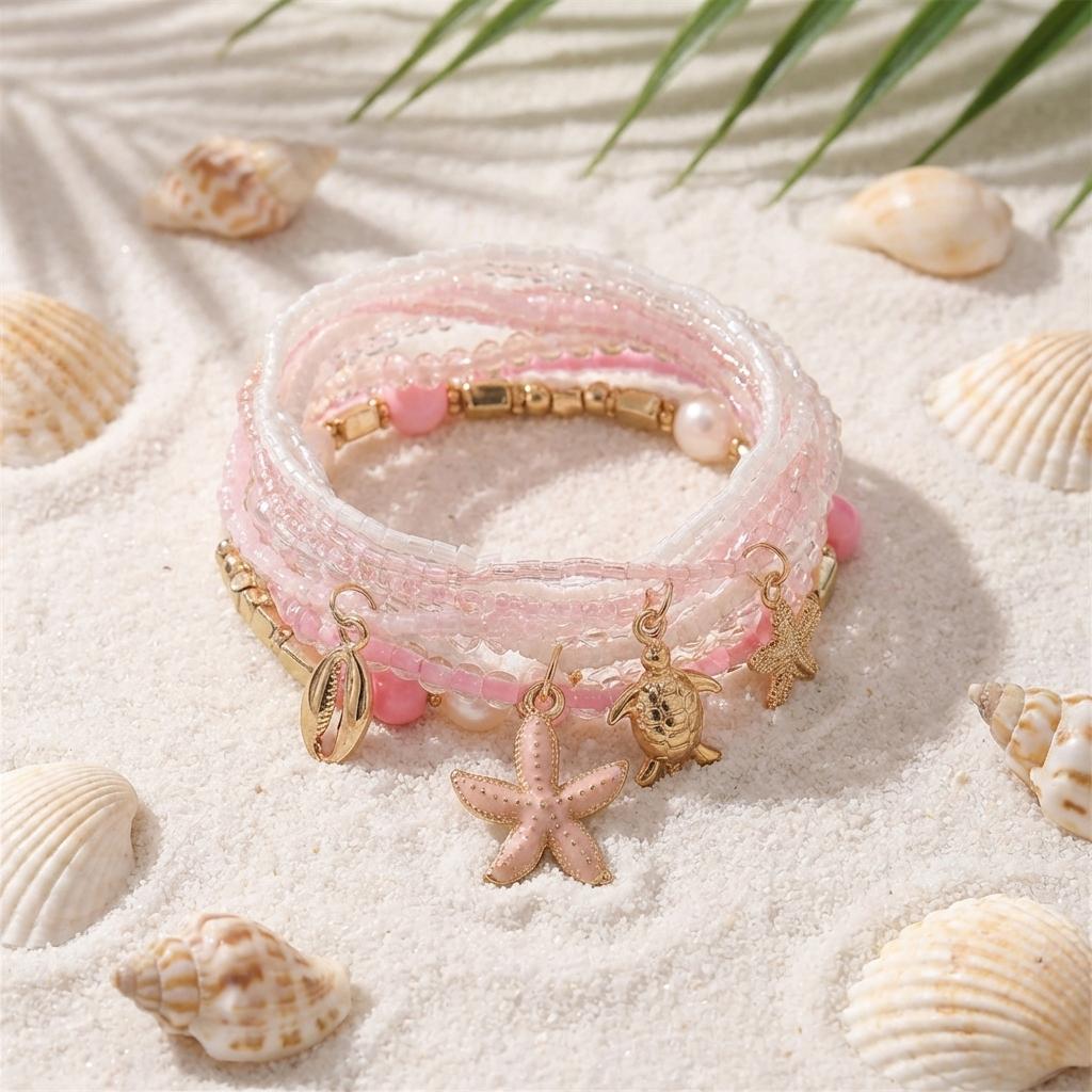 Elegant Imitation Pearl Starfish Beads Bracelet Set for Women Cute Shell Sea Turtle Elastic Bracelets Beach Party Jewelry Gift