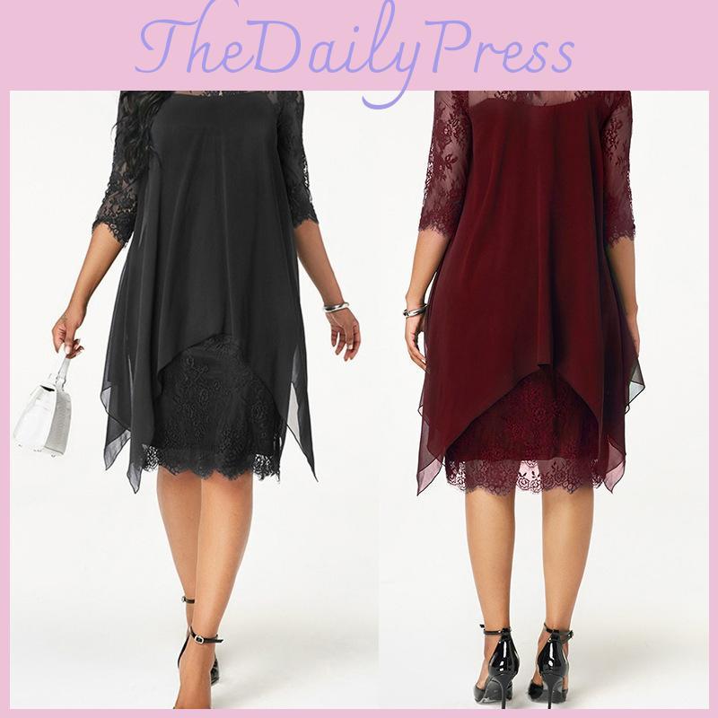 Plus Size Womens Overlay Lace Dress With Stylish Three Quarter Sleeves