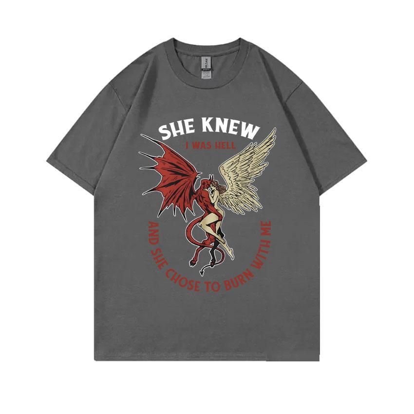 She Knew I Was Hell and She Chose To Burn with Me Angel and Demon Vintage Graphic T-shirt Unisex Women Fashion Oversized T Shirts S