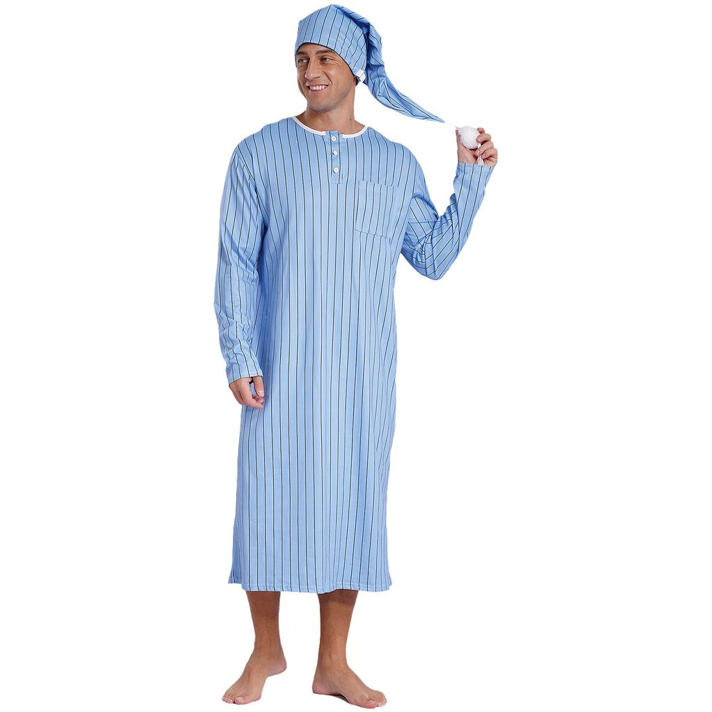 Mens Striped Nightgown Robe with Hat Long Sleeve Full Length Pompom Trim Adjustable Sleep Cap Arabian Pajamas