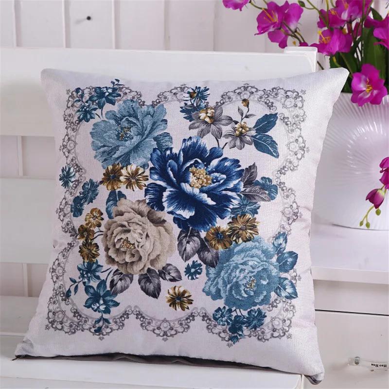 45x45cm Bamboo Linen Vintage Peony Flower Pillowcase Sofa Seat Cushion Cover Home Decoration