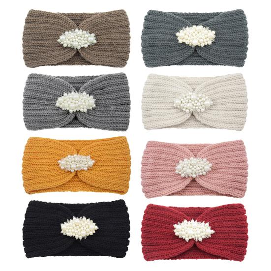 Knitted Headband Soft Stretchy Wide Band Hairband with Faux Pearl Headwrap Winter Hair Accents Solid Color