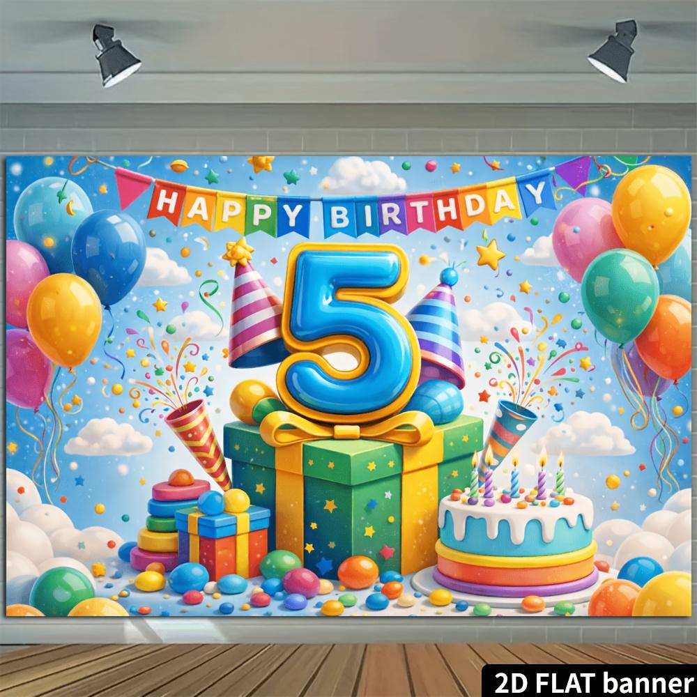 2D Plane 1 Birthday Party for 5-year-old Child. Theme of 5th Birthday Accompanied by Colorful Balloons and Birthday Cake.