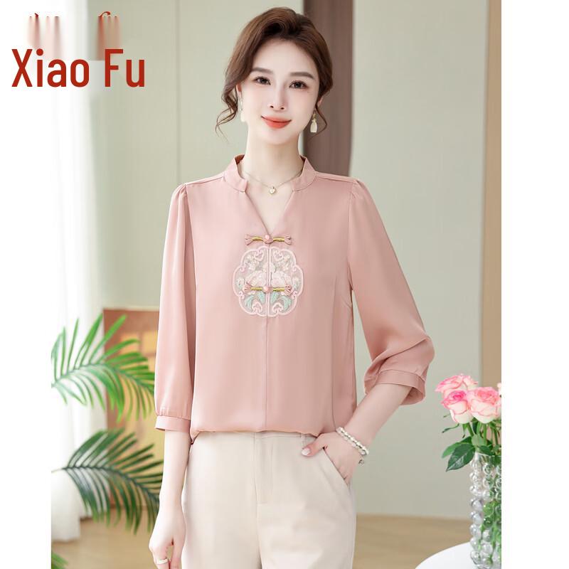 Elegant Chinese Style Embroidered V-Neck 3/4 Sleeve Top