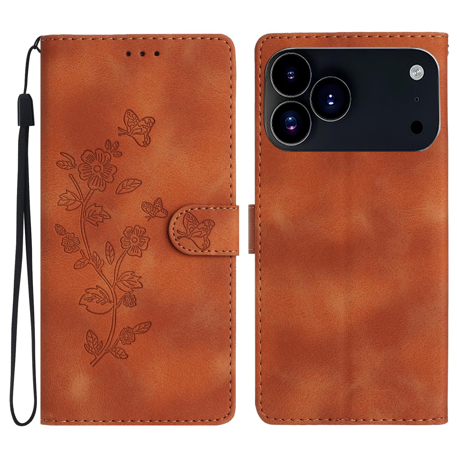 

For iPhone 17 Pro Max Case Leather Imprinted Flower Phone Cover Wallet with Wrist Strap Brown