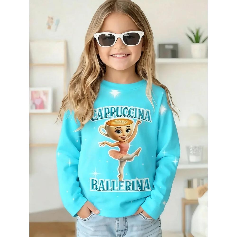 Spring and Autumn Round Neck 3D Cappuccina Ballerina Printed Top Fashionable Casual Long Sleeved Children's Girl T-shirts