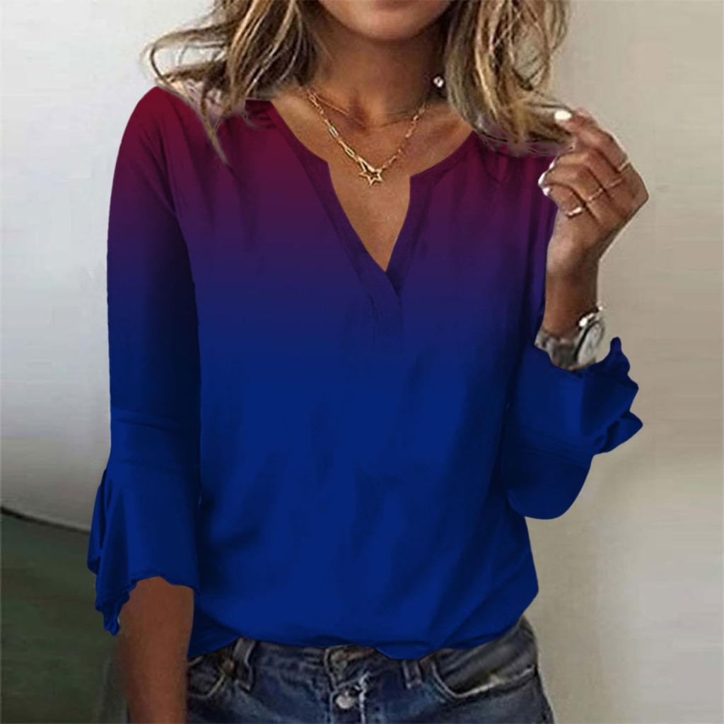Women's Fashion Top  Casual  V-neck Printed Blouses Bell 3/4 Sleeve T-shirt