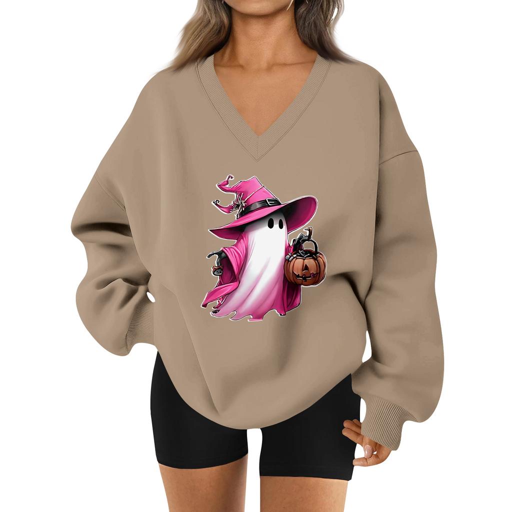 Women's V-neck Dropped Shoulder Halloween Print Sports Sweatshirt Top