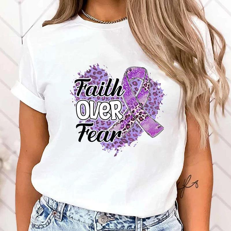(High Quality T Shirt)Fashion Faith Over Fear Alzheimer'S Awareness Print Hip Hop Short Sleeve Women Summer Cool Casual tops