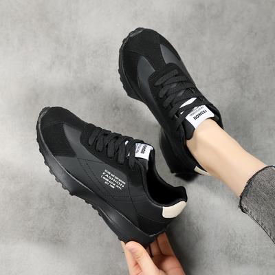 New Casual Shoes Women's Shoes Versatile Spring and Autumn Leather Soft-soled Forrest Gump Shoes Round Head Mid-heel Lace-up Sneakers