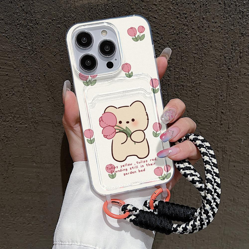 Cute Flower Phone Case For iPhone 15 Pro Case iPhone 13 11 12 14 16 Pro Max 7 8 Plus XR XS SE  Hang Chain Card Holder Cover