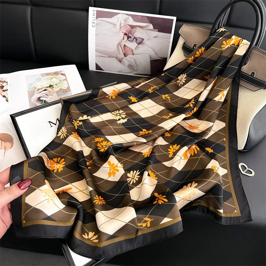 New Luxury Women's Soft Satin Hair Scarves Fashion Square Printed Headscarf 70cm Professional Accessories Designer Scarf