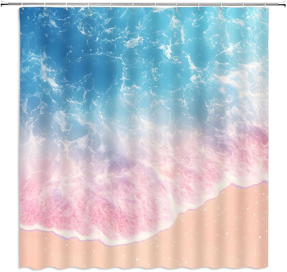Pink Beach Ocean Shower Curtain Coastal Nautical Summer Tropical Blue Hawaii Seaside Sea Scene Waves Seacoast Hawaii Beachy