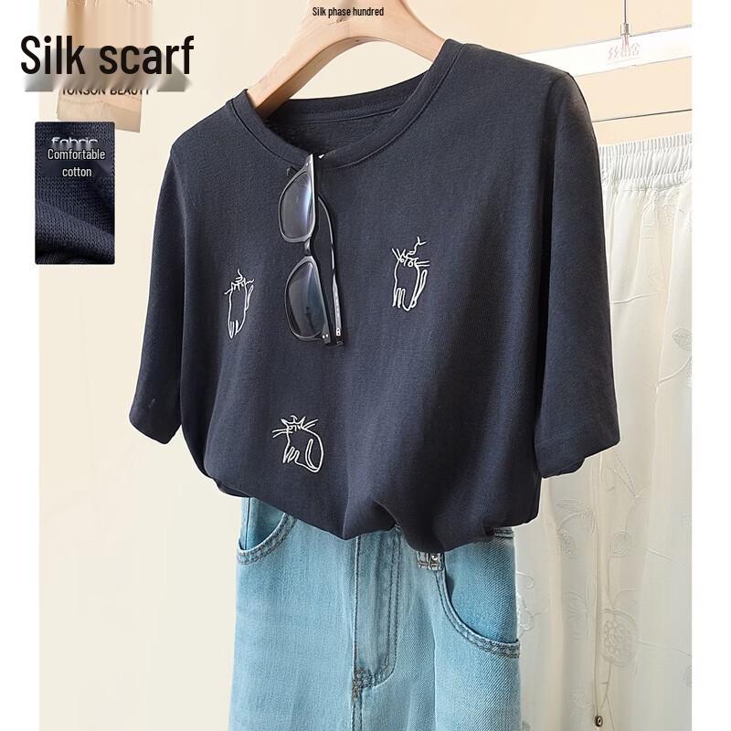 Women s Cartoon Embroidered Loose Fit Short Sleeve T-Shirt L