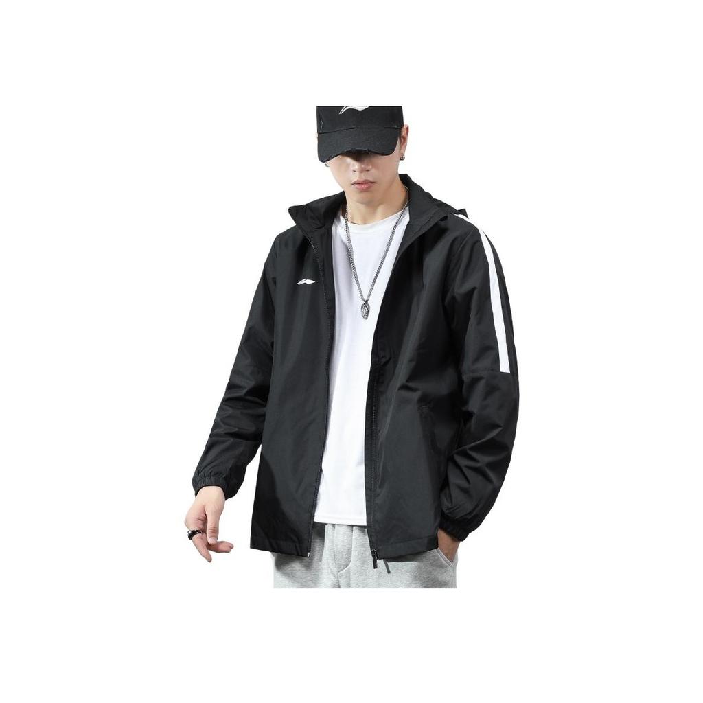 Li Ning Loose Fit Color Block Hooded Windbreaker Men Outerwear Black AFDR445-5
