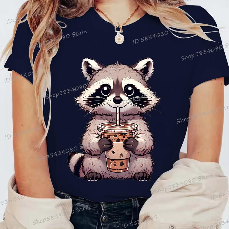 Summer Round Neck 3D Raccoon Pattern Print Top Fashionable Casual Short Sleeved Women's T-shirts