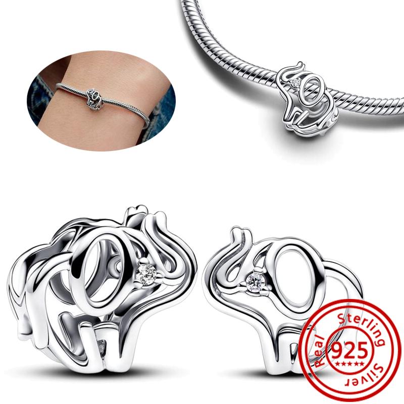 New 925 Sterling Copper Blue Murano Glass Elephant Cute Cartoon Openwork Beads Fit Original Pantaro Charms Bracelets DIY Zircon