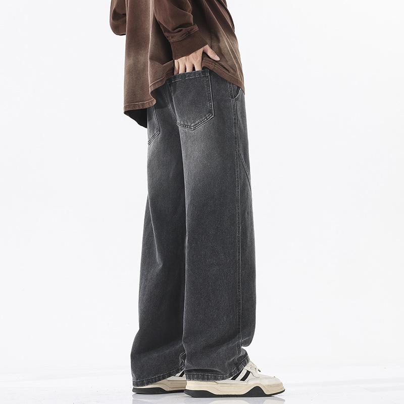 American High Street Trendy Brand Splicing Elastic Waist Jeans Men's Trend Versatile Loose Wide Legs Drape Straight Trousers