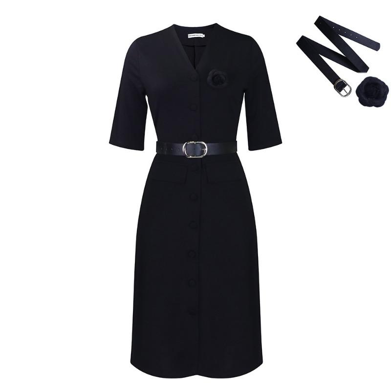 

Women s autumn new solid color V-neck button temperament elegant solid color large size dress XXXL