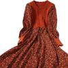Trendy Autumn/Winter Korean Style Slimming Patchwork Tie-Up Knit Long Dress with Corduroy Floral Print