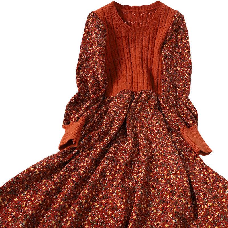 Trendy Autumn/Winter Korean Style Slimming Patchwork Tie-Up Knit Long Dress with Corduroy Floral Print