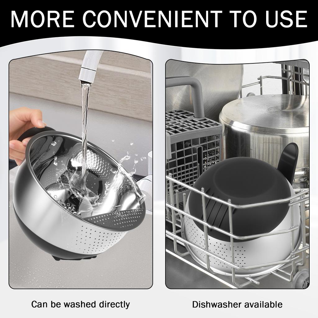 Stainless Steel Rice Washing Colander Bowl with Silicone Base and Handle Versatile Side Drainers for Cleaning Fruits Vegetables