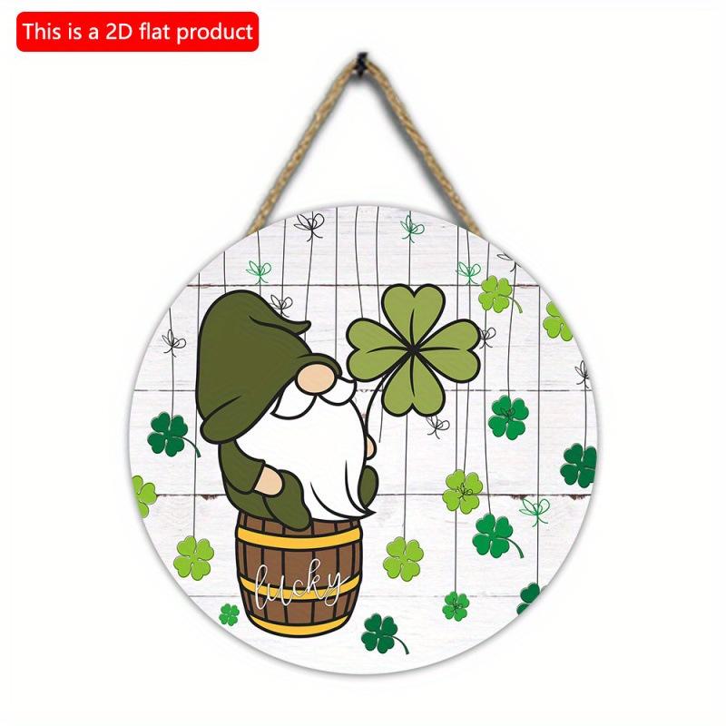 2D Flat 20*20cm1pc St. Patrick's Day Old Elf Dwarf In green&Four-leaf Grass Patterns Lucky Wooden Hanging Decoration, Front Door Vintage Welcome Plaqu